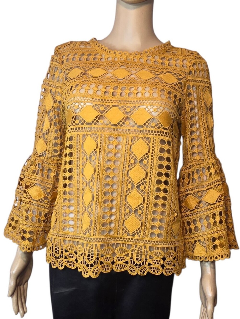 Ellison Shirt Crochet Lace Sheer Blouse Bell Sleeves Mustard Womens Size Small